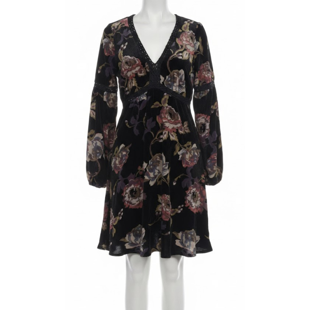 Miami Dress Womens XS Black Floral Velvet Fit Flare Lined V Neck Vamp Fairy Goth